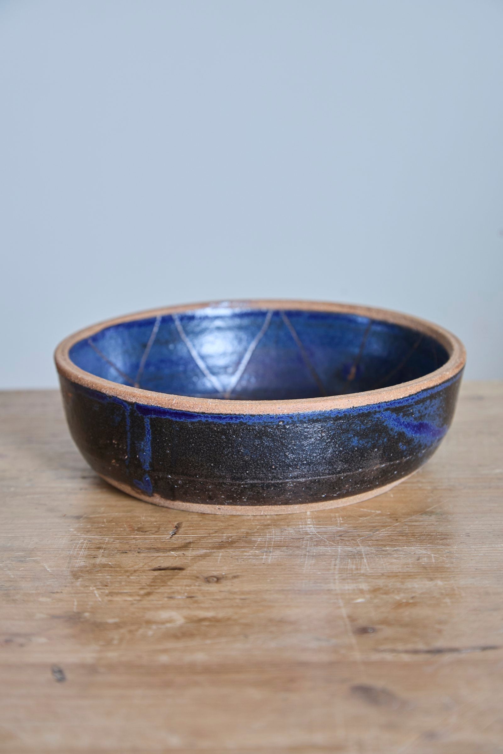 Scored Diamonds Bowl, Indigo on Natural Clay