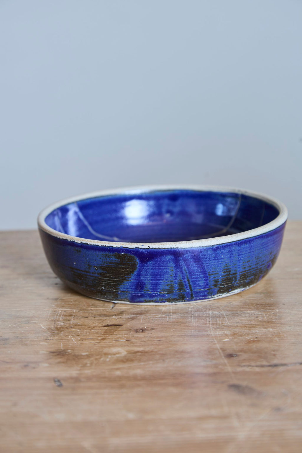 Scored Lines Bowl, Indigo on White Clay