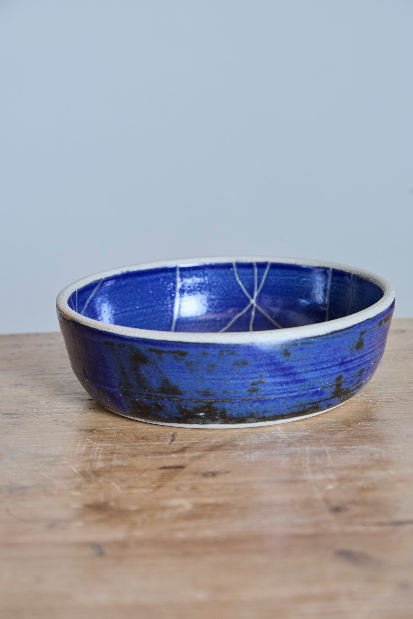 Scored Scales Bowl, Indigo on White Clay