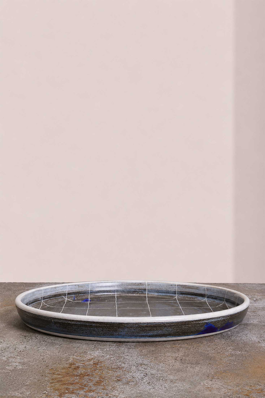 Scored Grid Plate, Indigo on White Clay