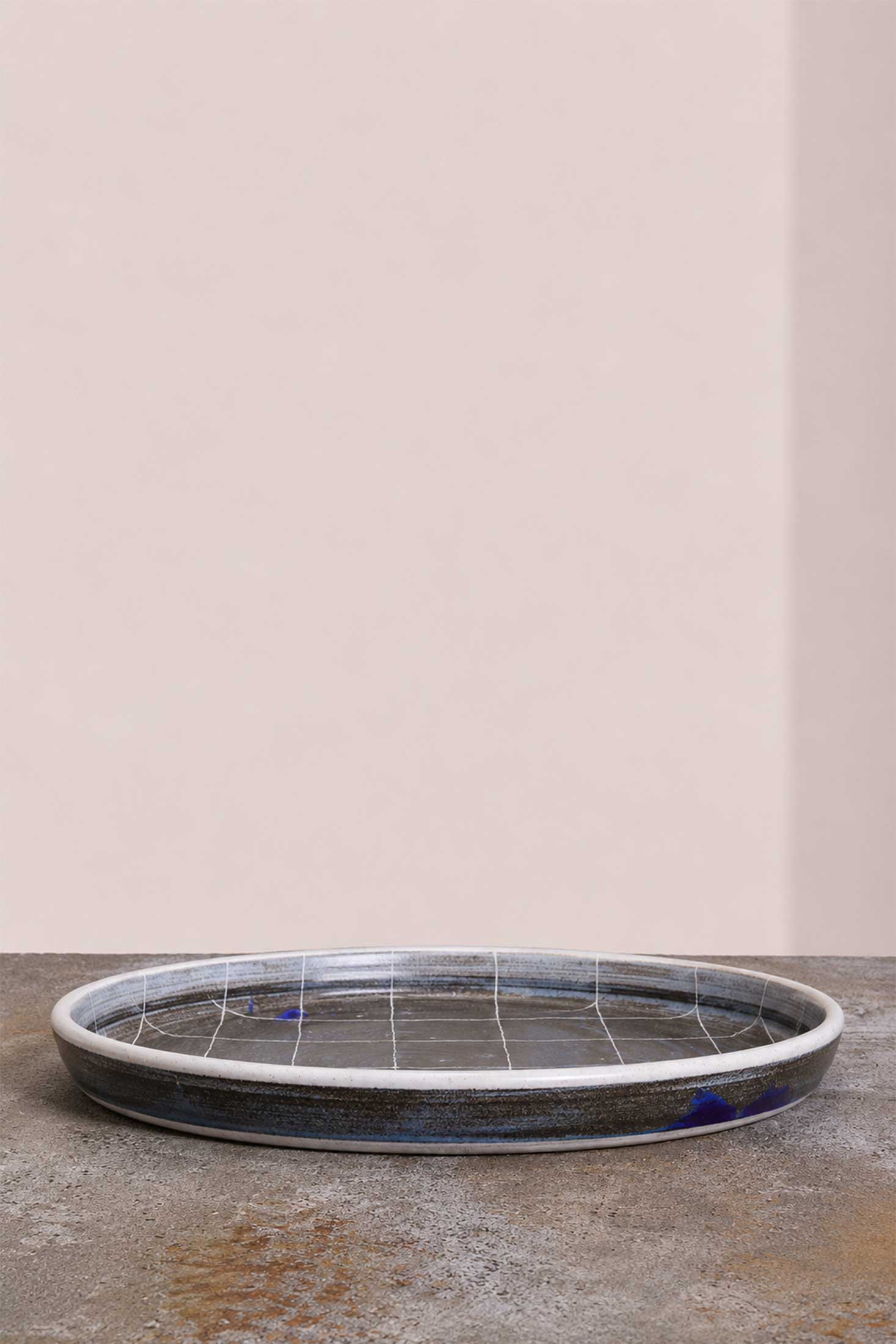 Scored Grid Plate, Indigo on White Clay