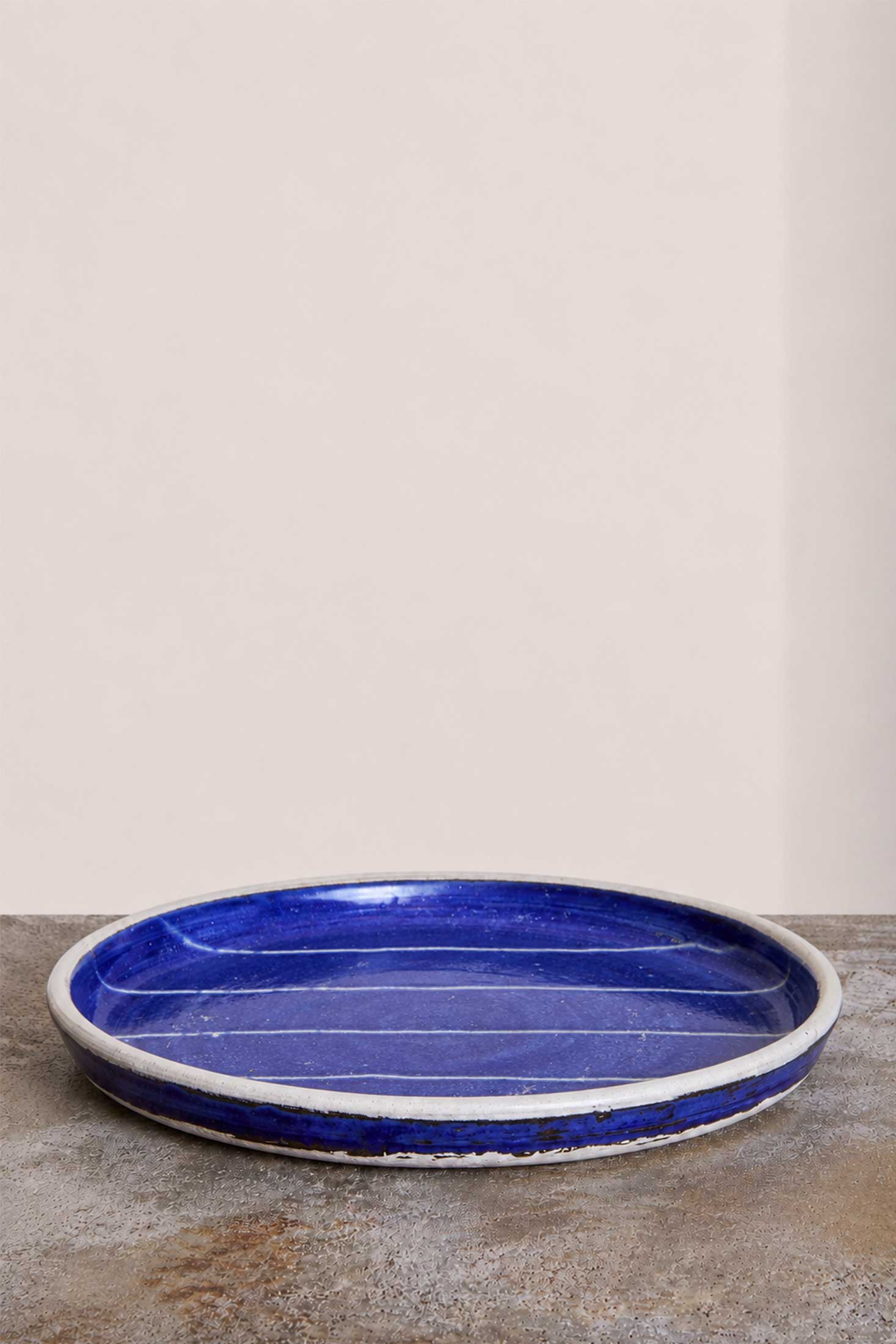 Scored Lines Plate, Indigo on White Clay