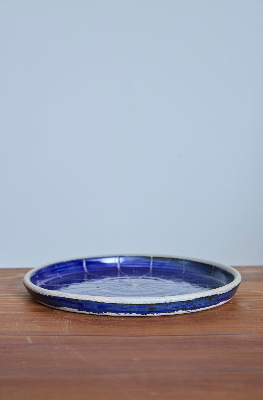 Scored Grid Plate, Indigo on White Clay