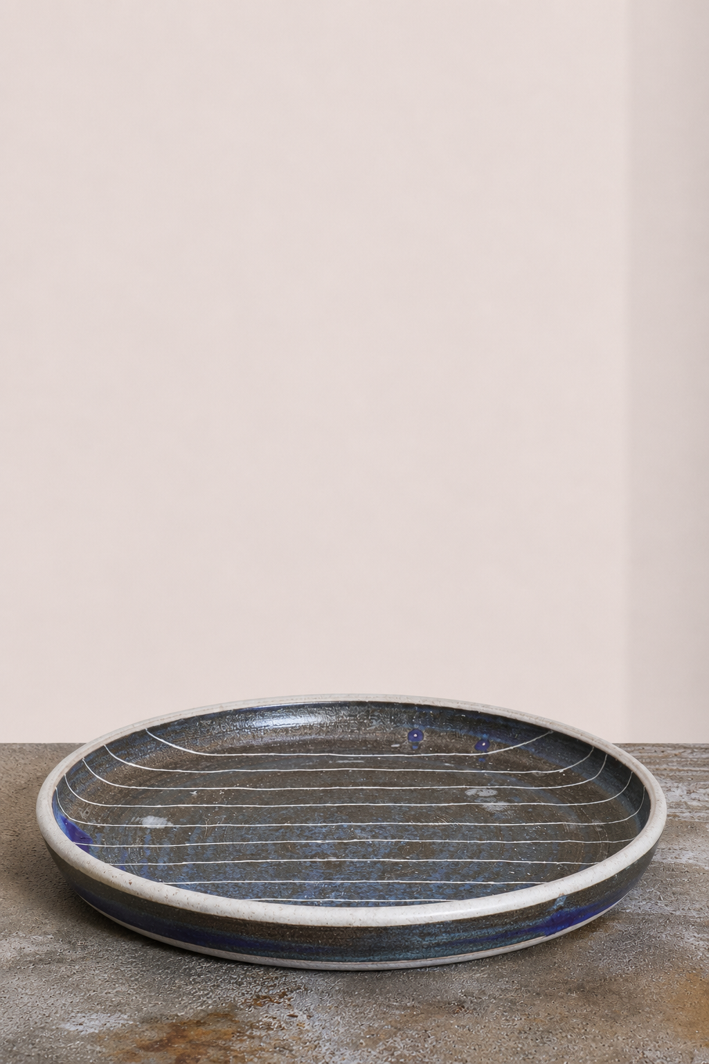 Scored Small lines Plate, Indigo on White Clay