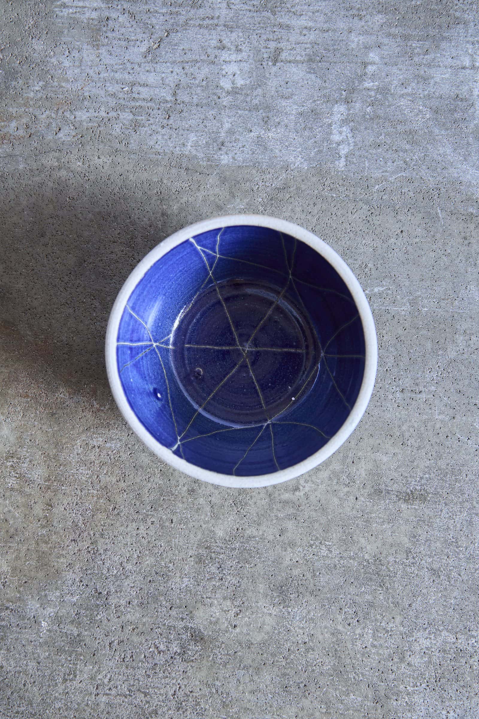 Scored Scales Bowl, Indigo on White Clay