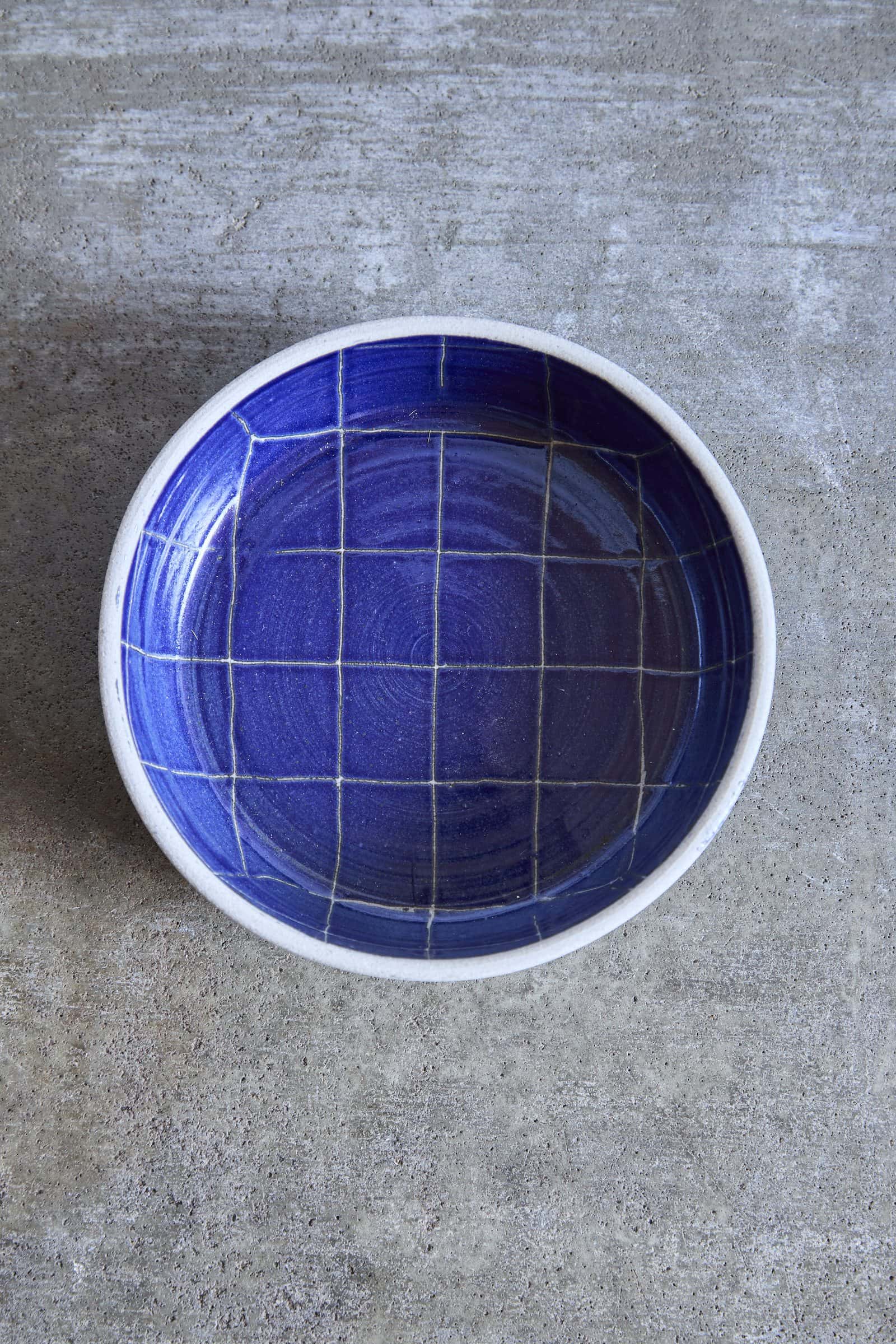 Scored Grid Bowl, Indigo on White Clay