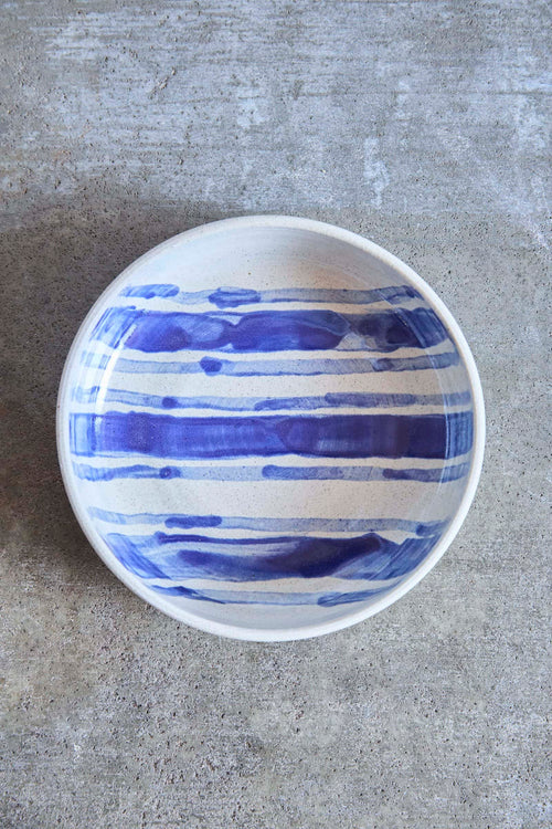 Picnic Stripped Bowl, Indigo Picnic on White Clay