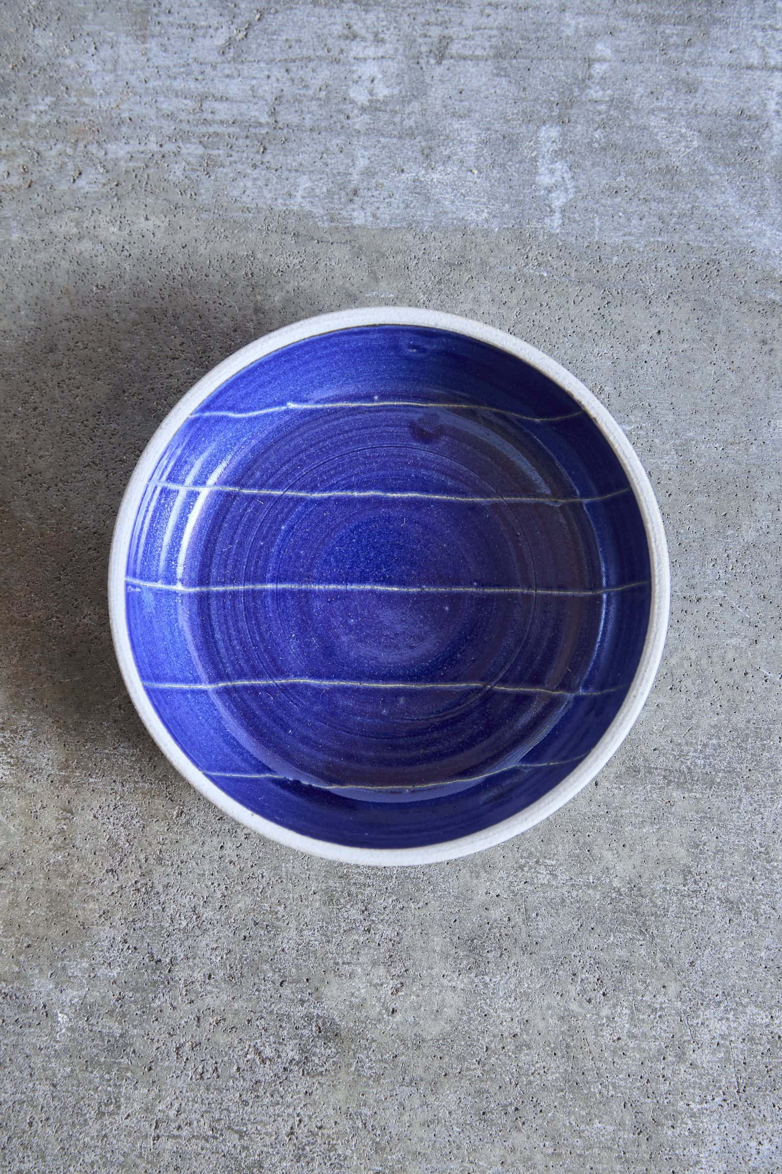 Scored Lines Bowl, Indigo on White Clay