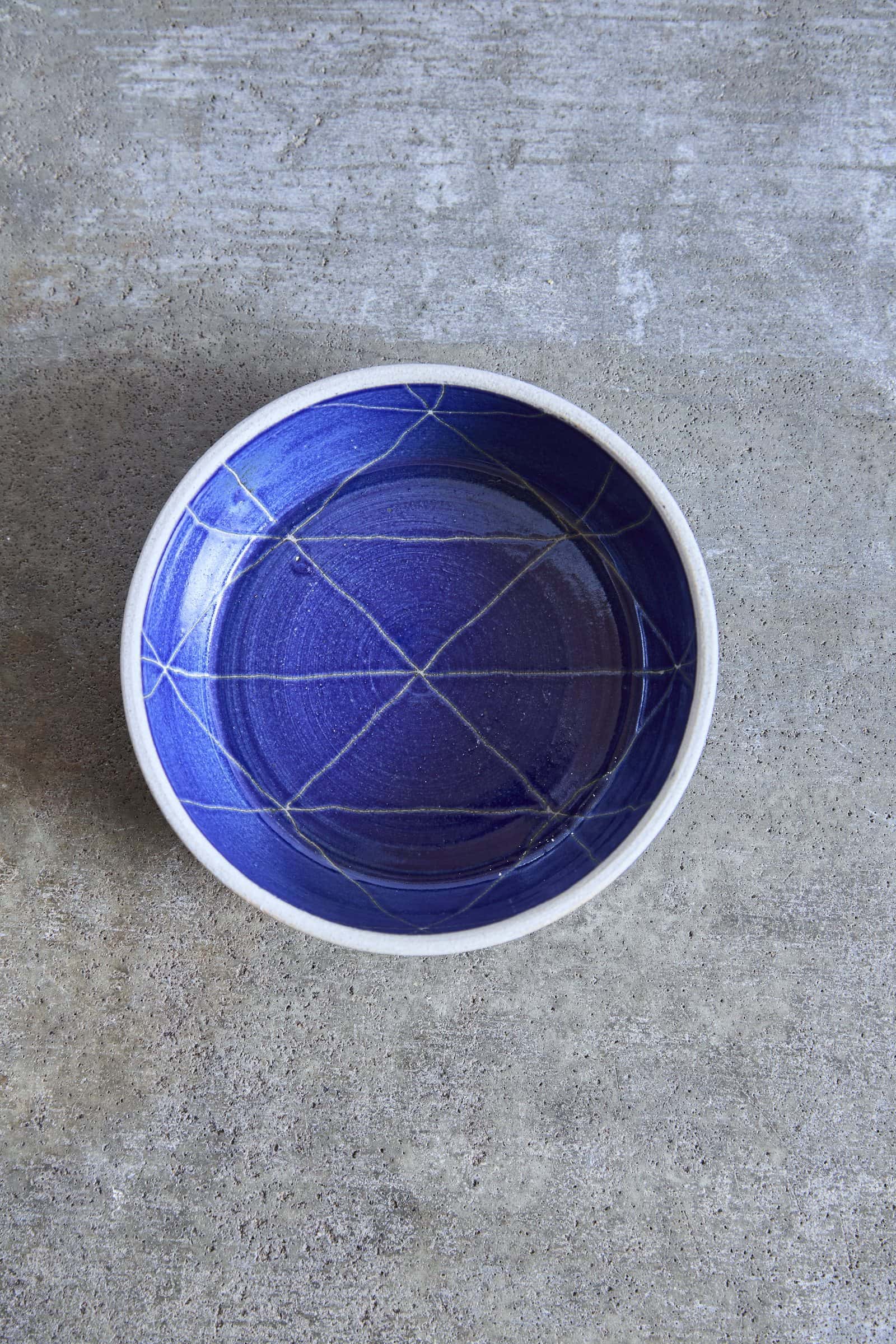 Scored Scales Bowl, Indigo on White Clay
