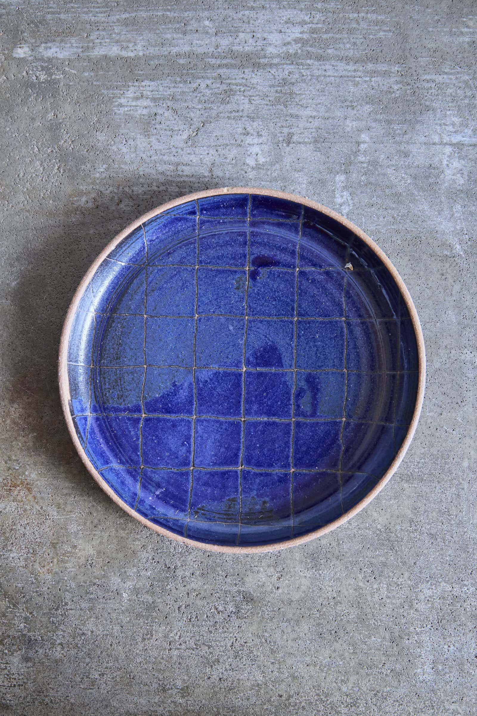 Scored Grid Plate, Indigo on Natural Clay