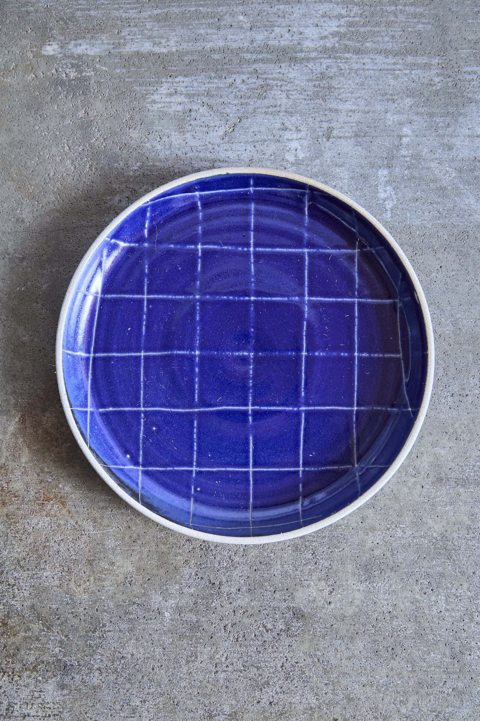 Scored Grid Plate, Indigo on White Clay