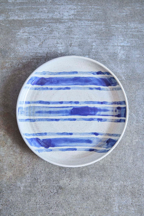 Picnic Stripped Plate, Indigo Picnic on White Clay