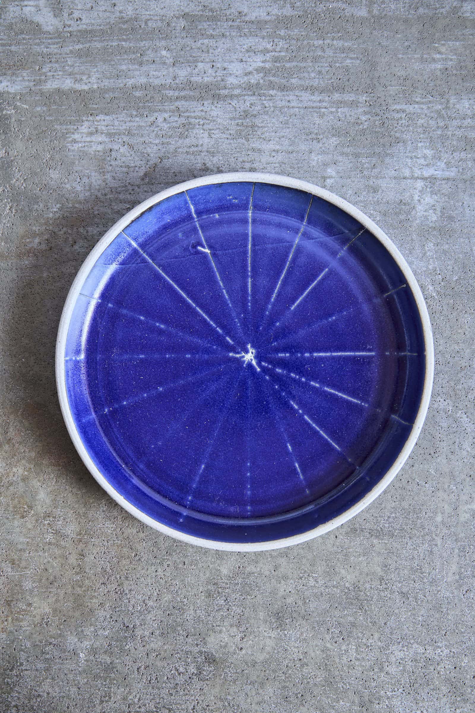 Scored Star Plate, Indigo on White Clay