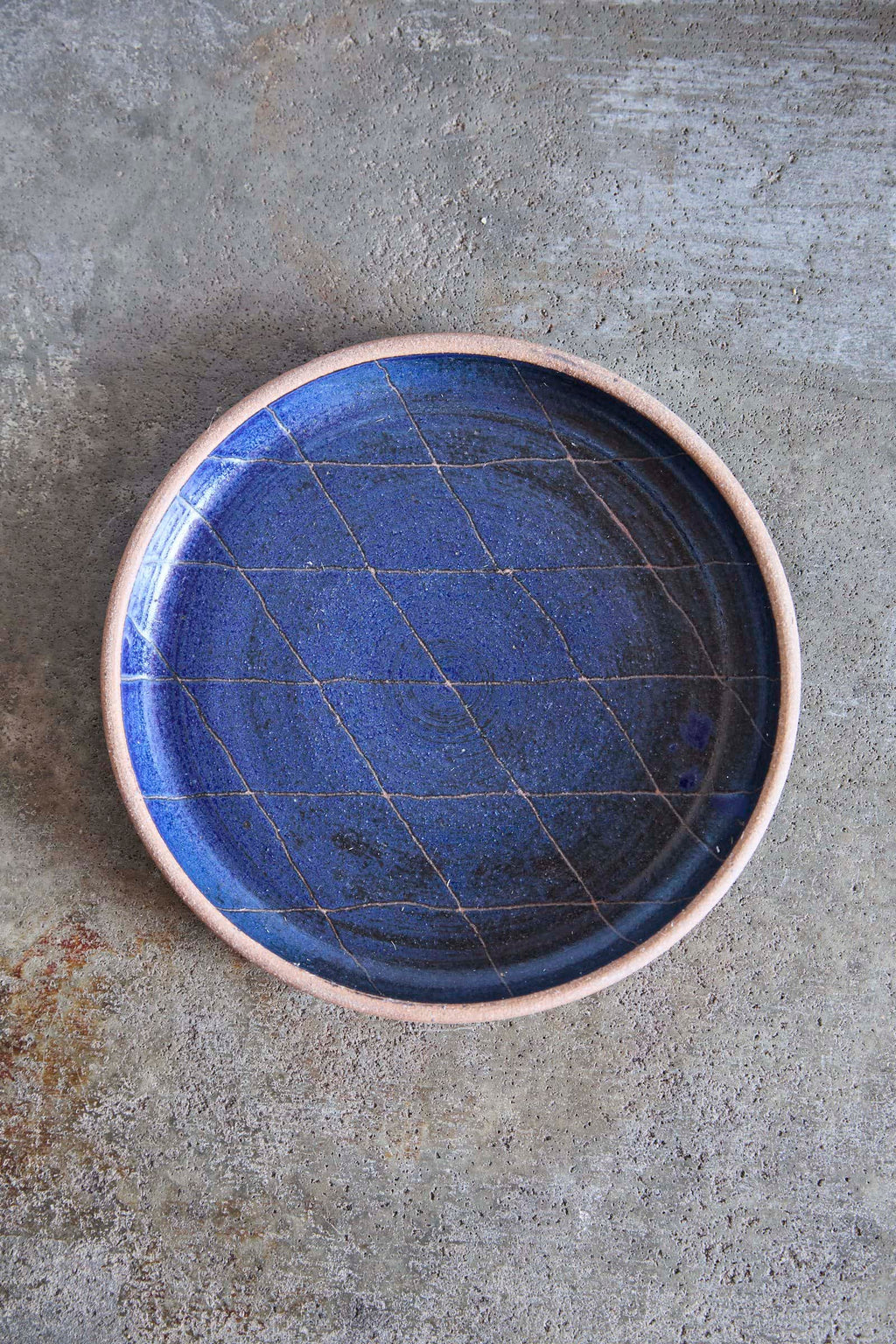 Scored Diamonds Plate, Indigo on Natural Clay