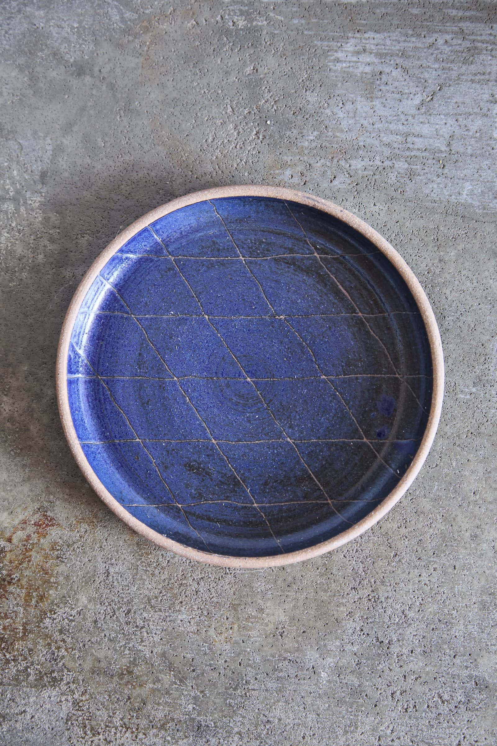 Scored Diamonds Plate, Indigo on Natural Clay