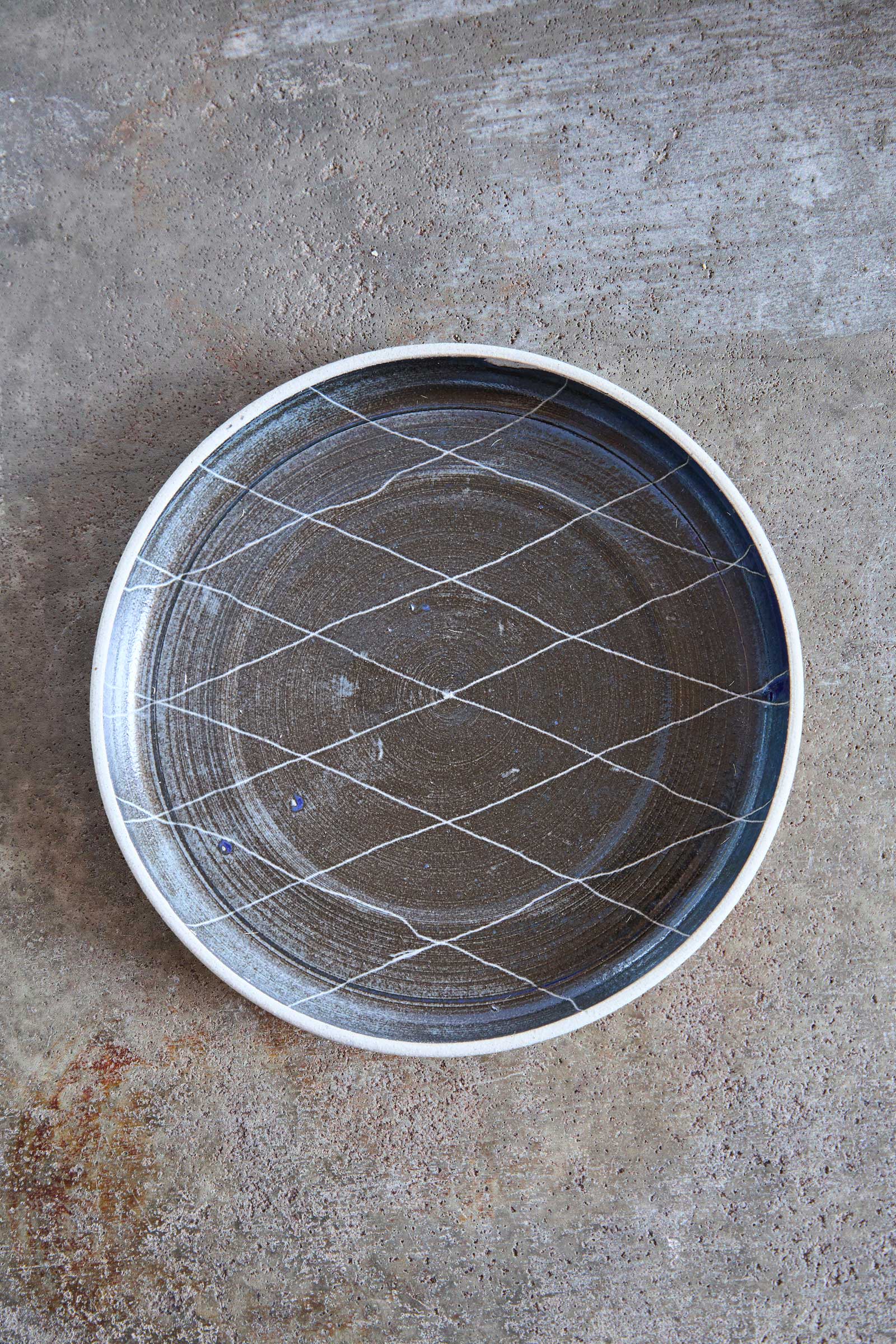 Scored Diamonds Plate, Indigo on White Clay