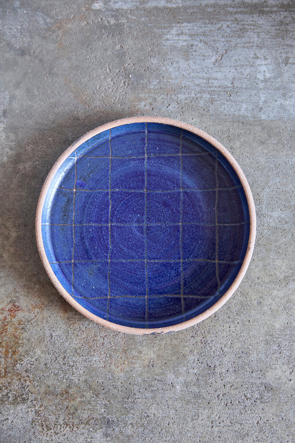 Scored Grid Plate, Indigo on Natural Clay