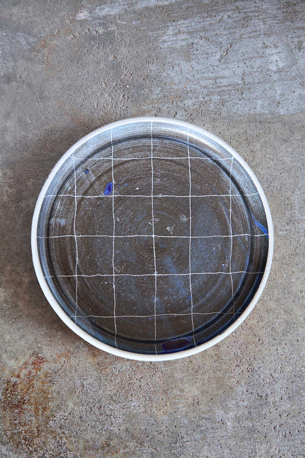Scored Grid Plate, Indigo on White Clay