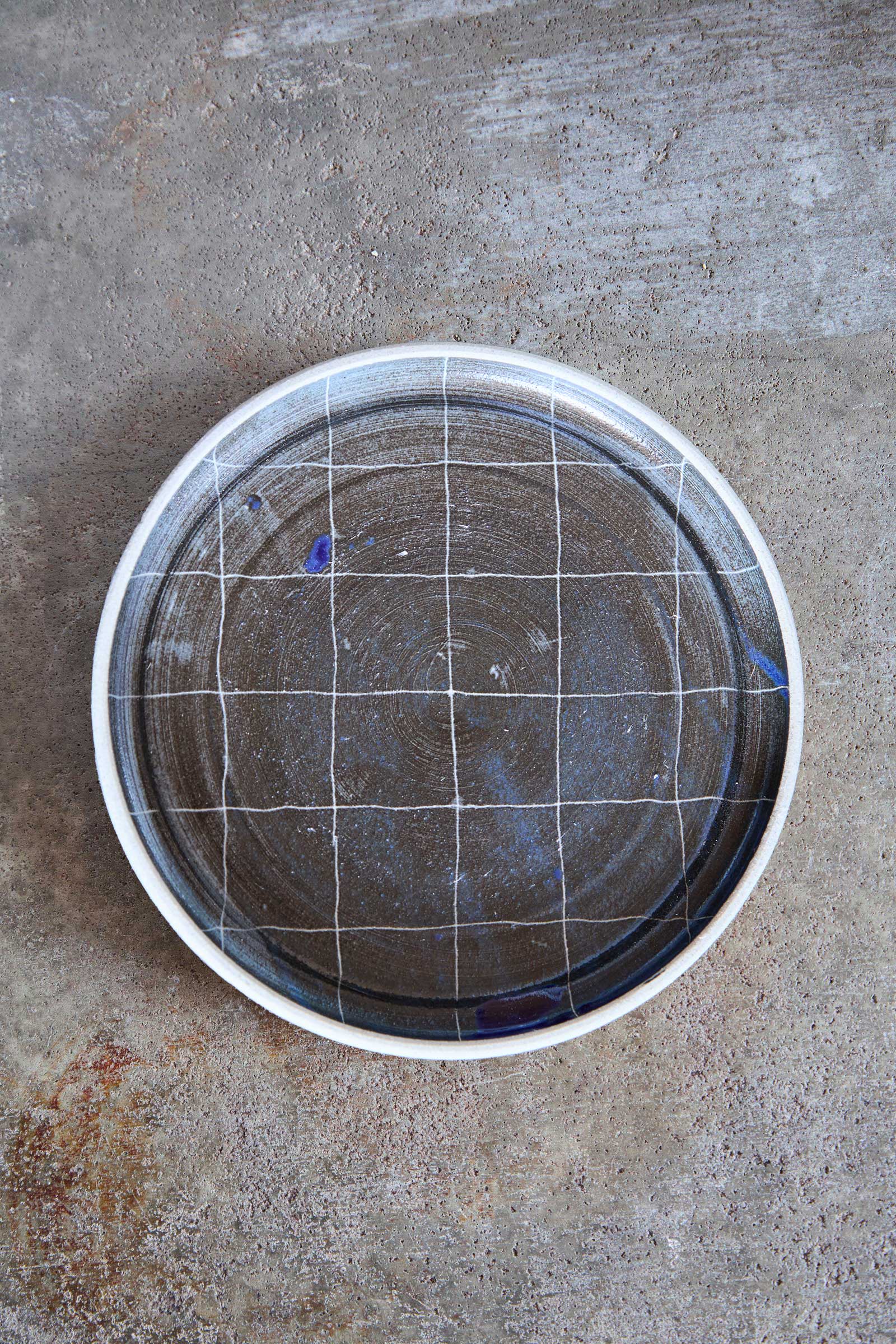 Scored Grid Plate, Indigo on White Clay