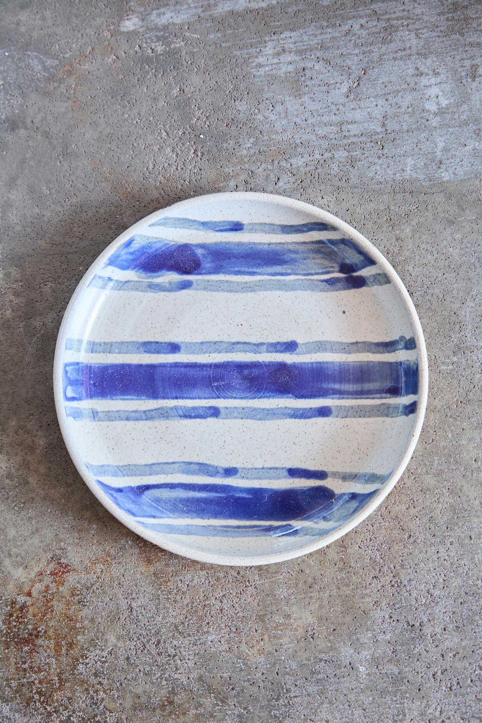 Picnic Stripped Plate, Indigo Picnic on White Clay