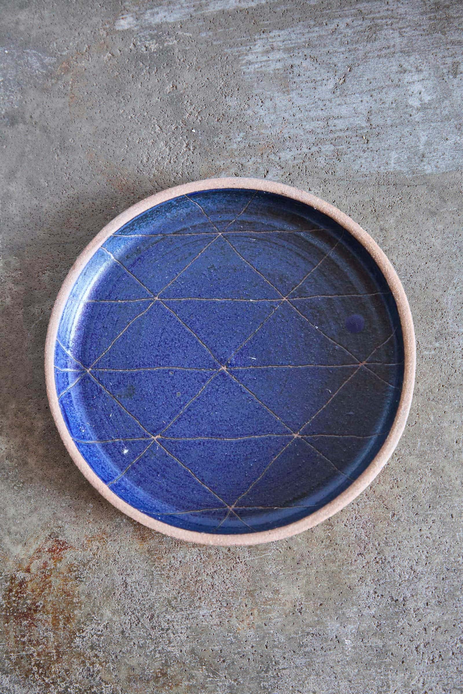 Scored Scales Plate, Indigo on Natural Clay