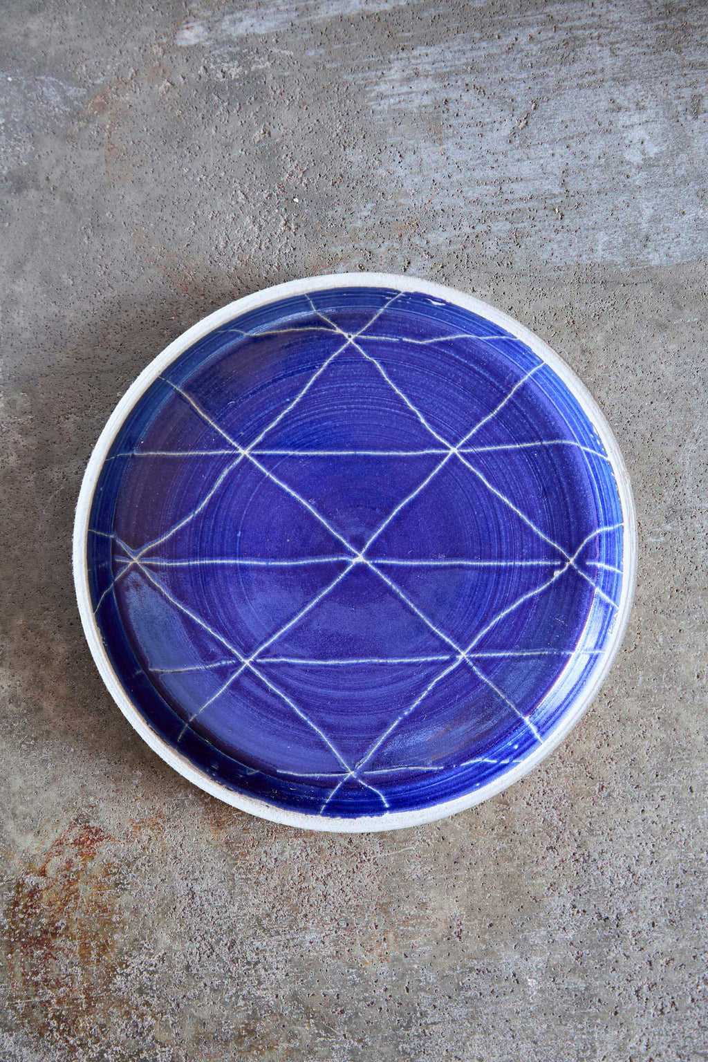 Scored Scales Plate, Indigo on White Clay