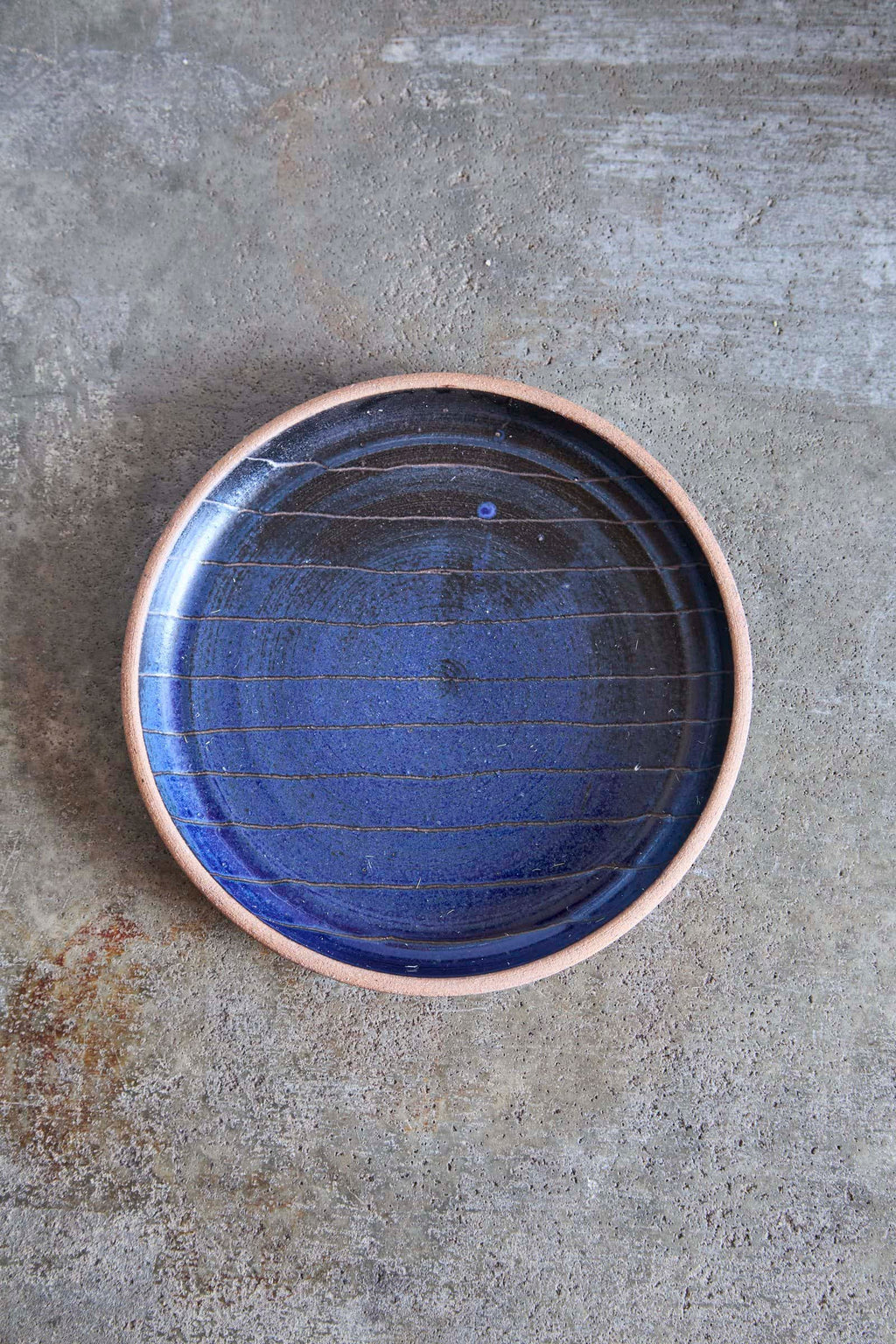Scored Small lines Plate, Indigo on Natural Clay