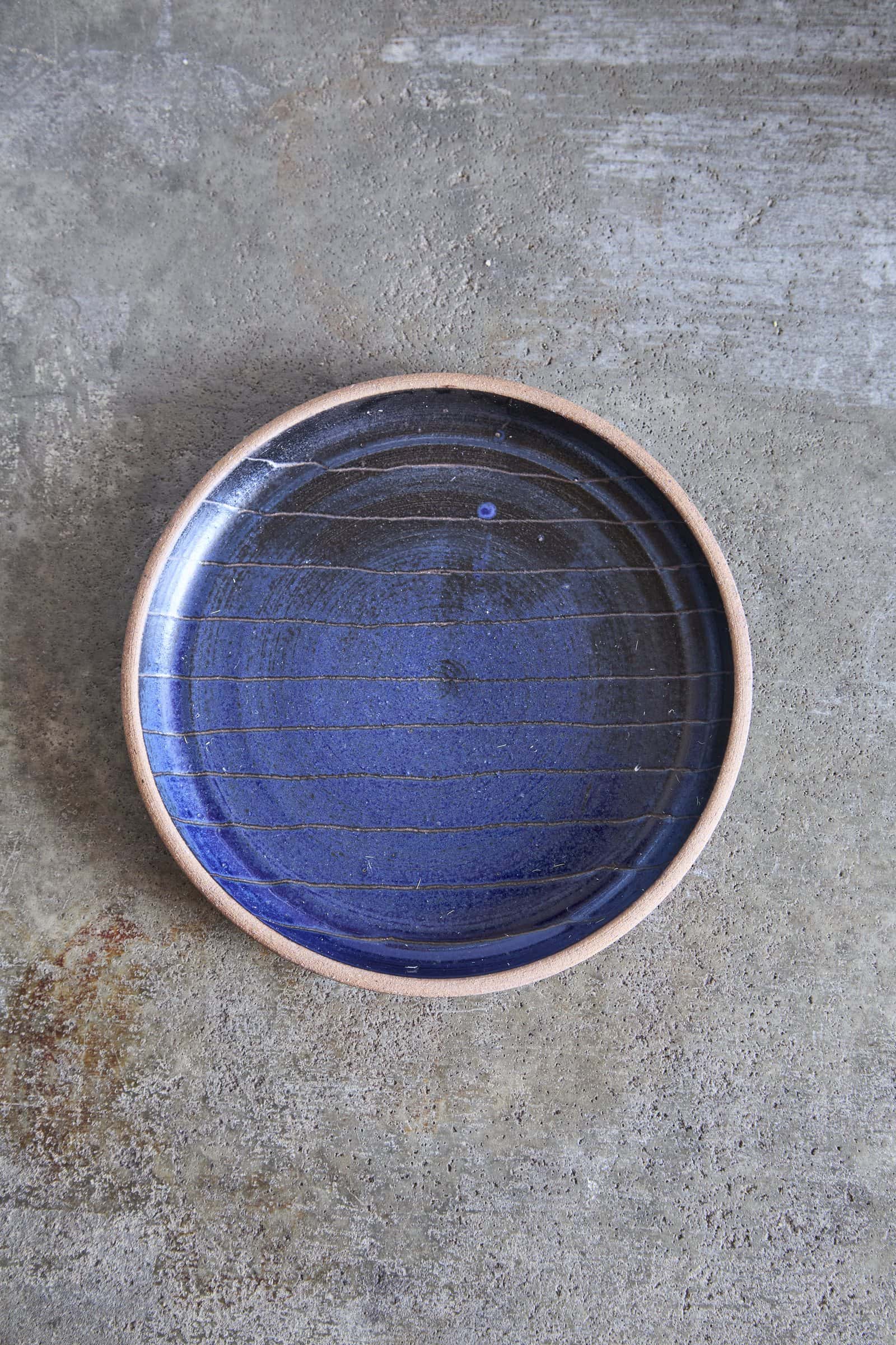 Scored Small lines Plate, Indigo on Natural Clay