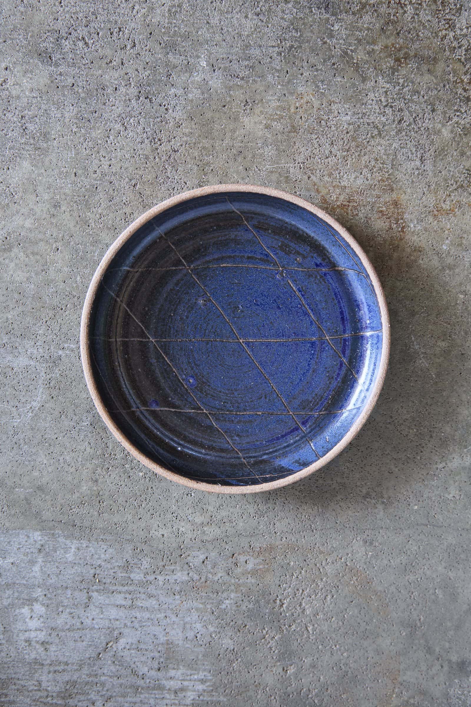 Scored Diamonds Plate, Indigo on Natural Clay