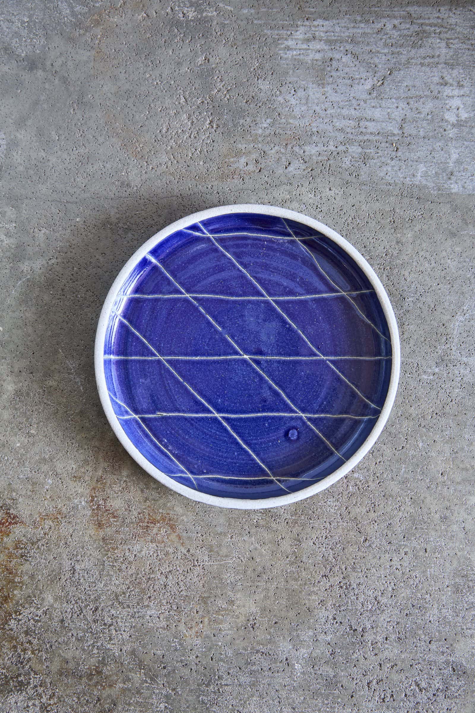 Scored Diamonds Plate, Indigo on White Clay