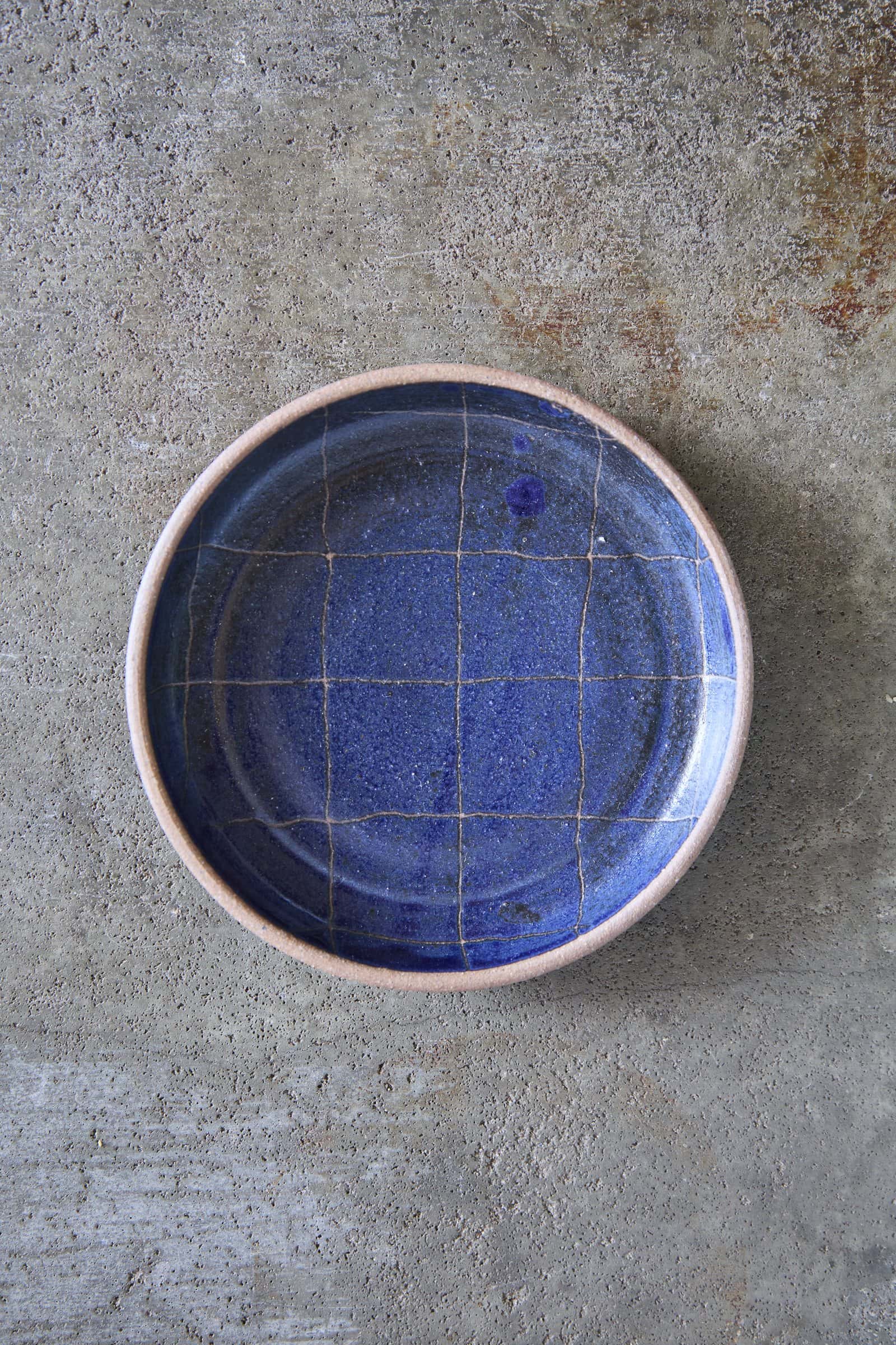 Scored Grid Plate, Indigo on Natural Clay