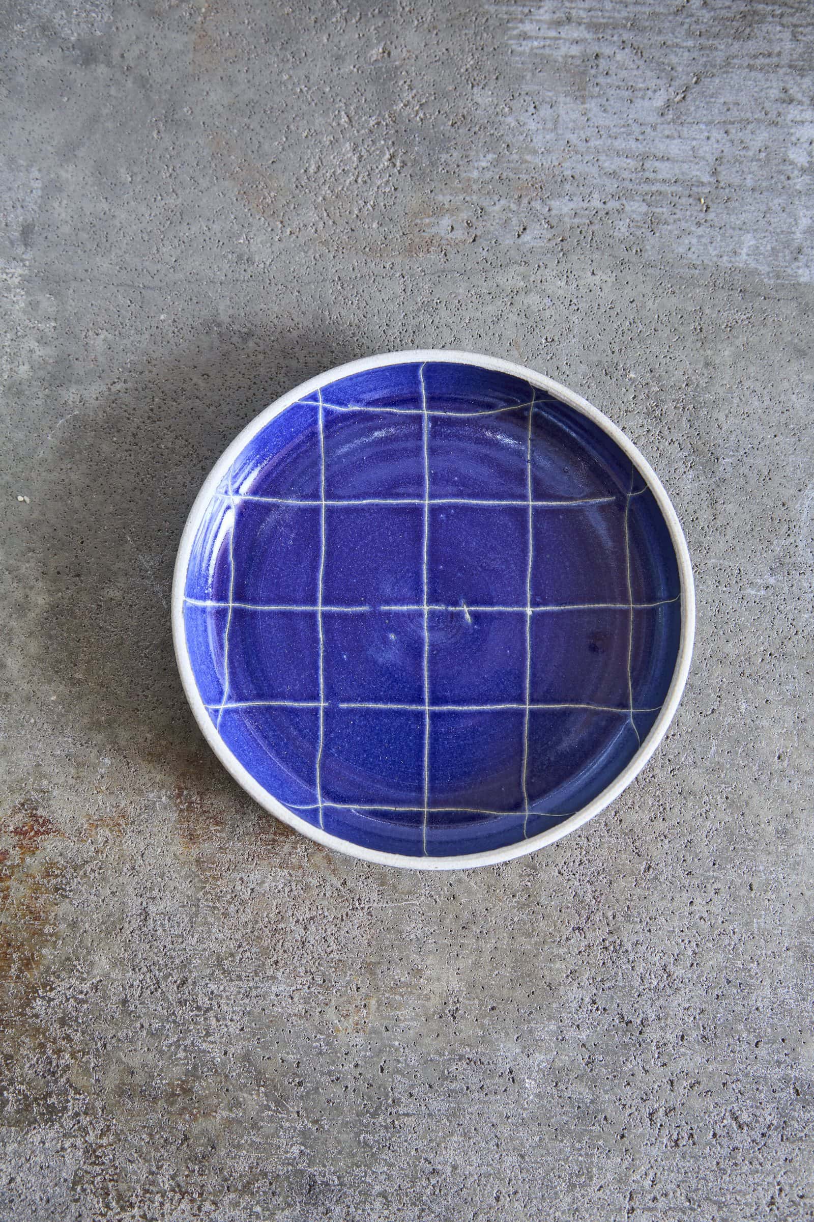 Scored Grid Plate, Indigo on White Clay