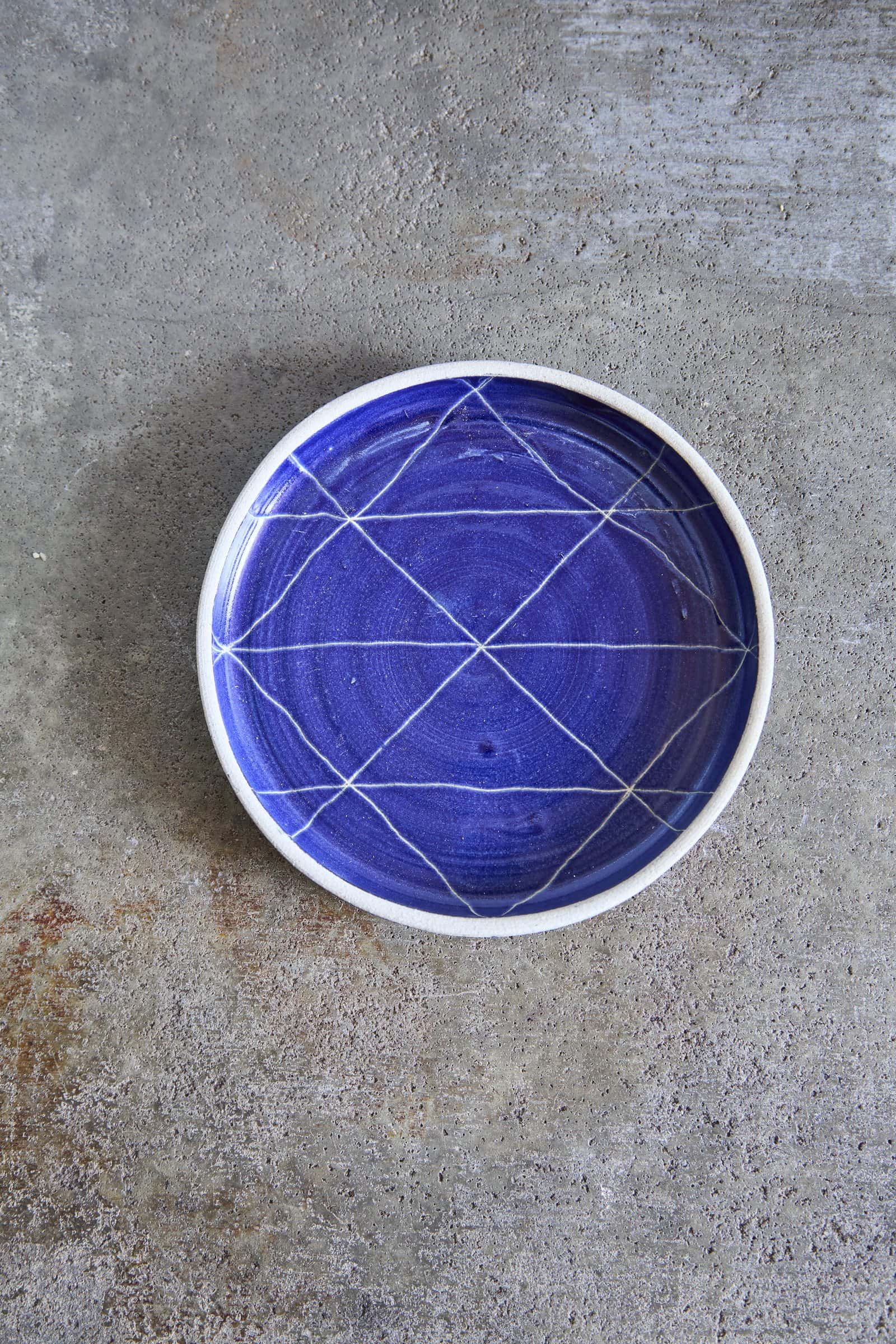 Scored Scales Plate, Indigo on White Clay