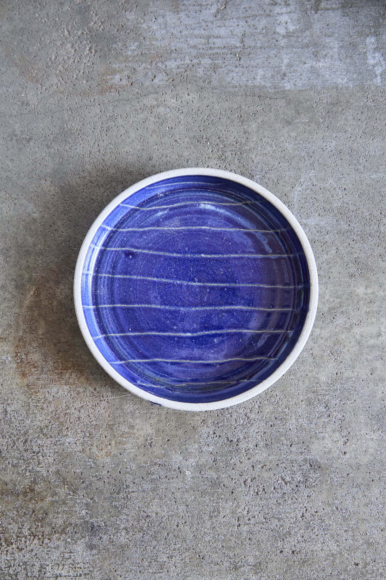 Scored Small lines Plate, Indigo on White Clay